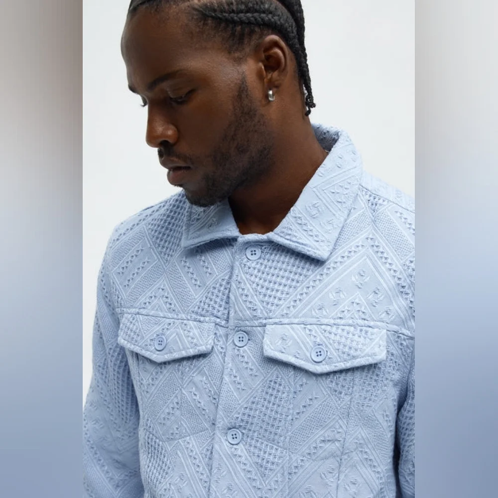 Relaxed Twist Weave Textured Trucker Jacket - Light Blue